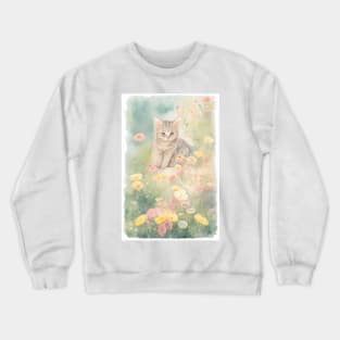 Striped cat in flower garden Aquarelle Crewneck Sweatshirt